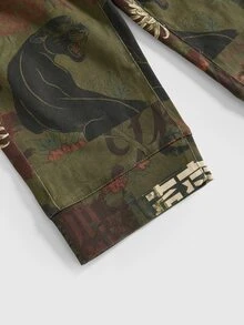 ROMWE 夏季度假音樂節穿搭復古新中式拼接印花低腰修身牛仔短褲 - 軍綠色 - 查看 4