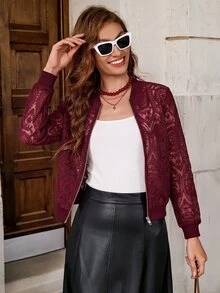 SHEIN Clasi 初秋女款優雅精緻薄款蕾絲短夾克 - 酒紅色 - 查看 4
