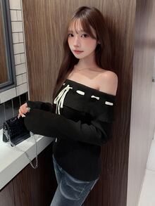 FRIFUL Women's Autumn Off-Shoulder Contrast Color Drawstring Tie Flare Sleeve Sweater Long Sleeve Tops - Black - View 7