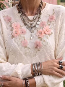SHEIN Holidaya Sweater Lengan Panjang Wanita dengan Motif Bunga 3D Romantis dan Bahu Jatuh - Putih - View 8