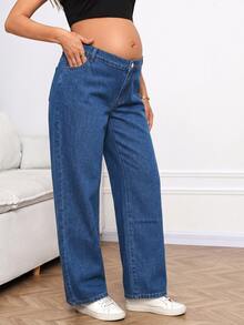 SHEIN Maternity Casual Washed Straight Leg Jeans Fall Clothes For Women Fall/Winter Formal Business Chic Basic Goth Halloween Christmas Festival - Dark Wash - View 3