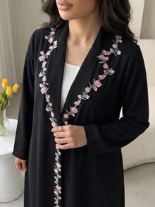 Al Najma Plus Size Women's Floral Embroidered Trim Lapel Neck Long Sleeve Abaya - Black - View 4