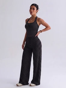 Easithlete Women's Polka Dot Yoga Sports Set - Black and White - View 3