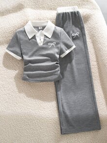 SHEIN Sparklyn 2件組青少年女孩韓系配色 Polo 領套裝，蝴蝶結刺繡羅紋短袖上衣搭配寬腿長褲 - 灰色 - 查看 1