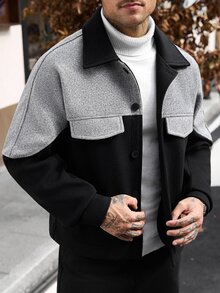 Manfinity CasualCool 男士休閒拼色拼接大衣，秋冬款 - 黑色 - 查看 7