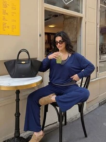 Elaquor Plus Size Striped Patchwork 2 In 1 T-Shirt And Pants 2 Pieces Set Fall - Navy Blue - View 1
