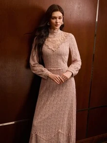 MOTF PREMIUM WOMEN'S AUTUMN/WINTER LACE MOCK NECK RUFFLE PATCHWORK CINCHED WAIST ASYMMETRICAL HEM DRESS - Dusty Pink - View 6