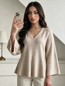 SHEIN Elenzya 優雅V領喇叭袖女款針織衫，適合辦公室與秋季穿著 - 杏色 - 查看 2