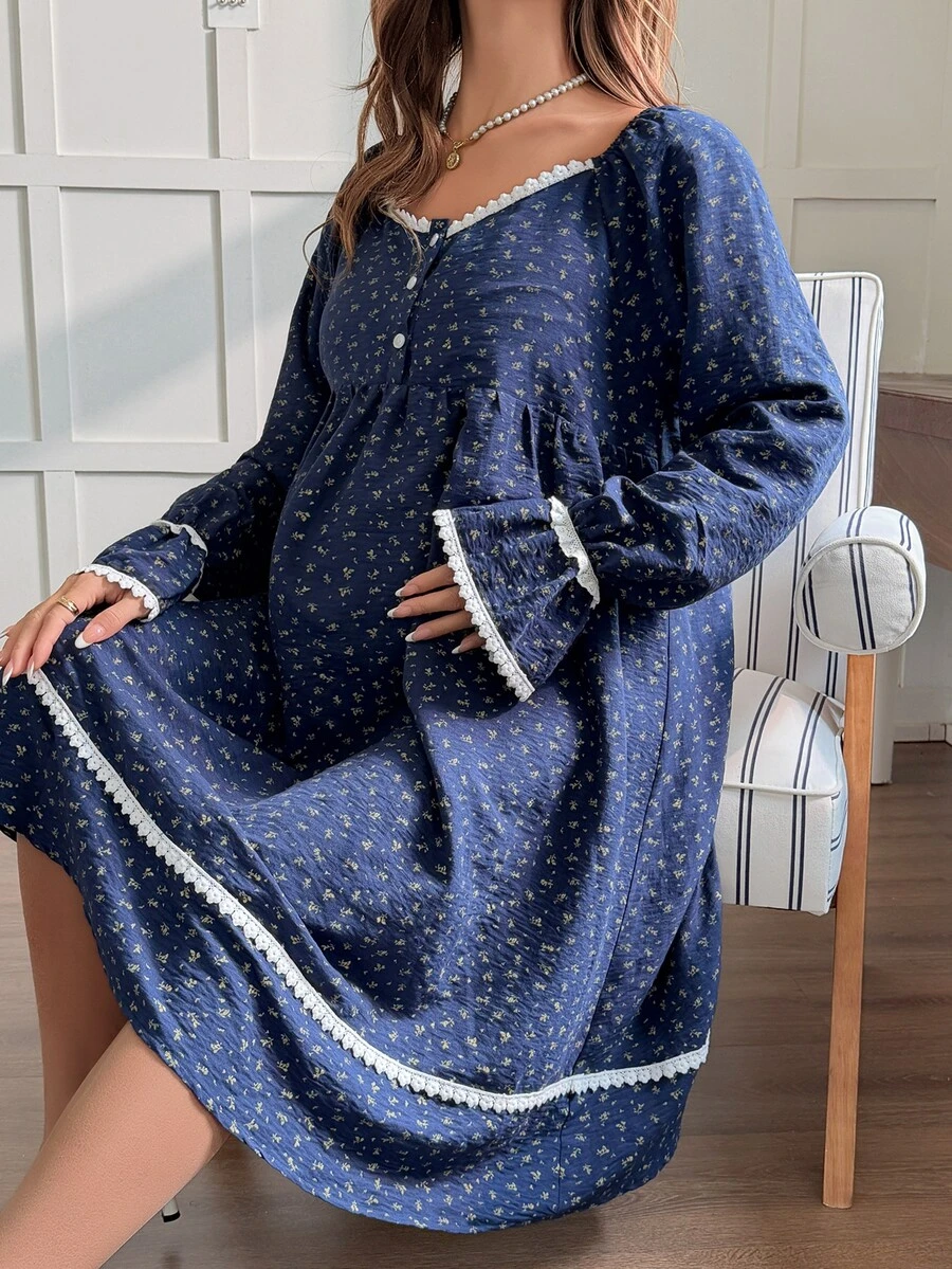 DAZY Ditsy Floral Loose Long Sleeve Square Neck Lace Trim Casual Vacation Home Daily Spring Autumn Maternity Dress - Blue - View 1
