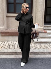 SHEIN 孕婦上衣與牛仔褲2件套秋季女裝 秋冬 正式商務 時尚基本款 哥德風 萬聖節聖誕節節慶 - 黑色 - 查看 7