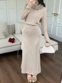 Feyla Women's Autumn/Winter Elegant Fur Collar Sweater & Knitted Skirt 2 Pieces Set - Apricot - View 3