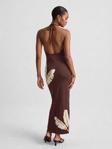 CAJUNI Gaun Panjang Bordir Emas untuk Liburan yang Elegan - Coklat - View 2