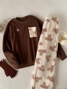 Comfortcana Women's Cartoon Bear Pocket Design Long Sleeve Top And Pants Casual 2 Pieces Set - Multicolor - View 7