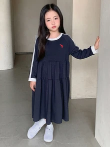 Dazy Kids 女童對比色圓領插肩袖長袖荷葉邊下擺休閒洋裝 秋季 - 寶藍色 - 查看 4