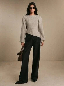 Poéselle Women's Elegant Khaki Ribbed Jacquard Asymmetrical Hem Warm Sweater, Fall Winter Knit Top For Work, Dating, Vacation, Party & Holiday Outfits - Khaki - View 9