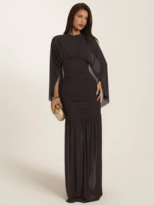 SHEIN BAE Women's Solid Color Round Neck Batwing Sleeve Pleated Elegant Dress - Coffee Brown - View 1