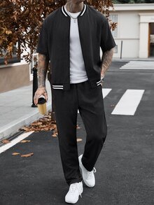Manfinity CasualCool 男士條紋短袖襯衫與長褲休閒套裝 - 黑色 - 查看 4