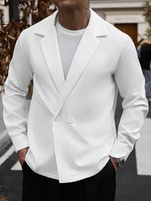 Manfinity CasualCool Men's Autumn Casual Solid Color Double-Breasted Shirt - White - View 5