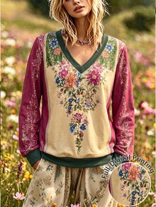 Balvessa Allover Floral Printed Contrast V-Neck Top, Retro Spliced Loose Casual Pullover Sweatshirt - Multicolor - View 1