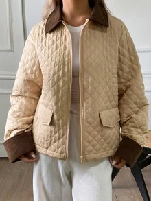 DAZY Damen Farbblock Revers Langarm Reißverschluss Vorne Winterjacke - Braun - Übersicht 7