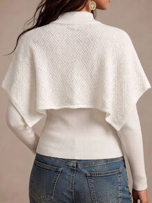 Selenza Spring/Autumn Korean Style Elegant Elegant Crochet Hollow Cape Shawl 2 In 1 Slim Fit Women's Sweater - White - View 2