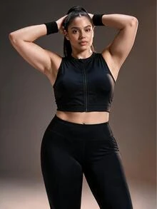 Powerista Women's Plus Size Spring&Summer Solid Color Zipper Front Halter Neck Sports Bra Gym Running Fitness Workout Going Out Autumn High-Support Adjustable - Black - View 6
