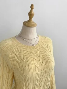Elamini Women's Yellow Loose Casual Versatile Textured Cable Knit Pullover Sweater For Daily Commute, Autumn/Winter - Yellow - View 6