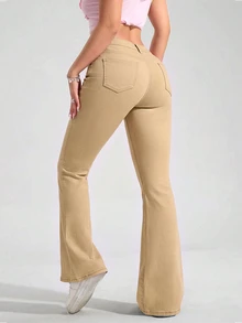 Jeanoix Y2K Plus Size Women's Stretch Denim Jeans Light Khaki Flare Jeans Cowboy For Women - Khaki - View 2