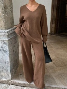 DAZY Autumn/Winter V-Neck Loose Drop Shoulder Sweater & Wide Leg Long Pants Casual Commute Daily Women's Knitwear Two Pieces Set - Coffee Brown - View 4