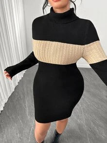 Elenzga Plus Size Women's Colorblock High Neck Ribbed Knit Bodycon Mini Dress, Slim Fit Waist, Long Sleeve, Bodycon, Slimming, Vintage Sexy Style, Autumn/Winter Inner Layer Knit Dress - Multicolor - View 5