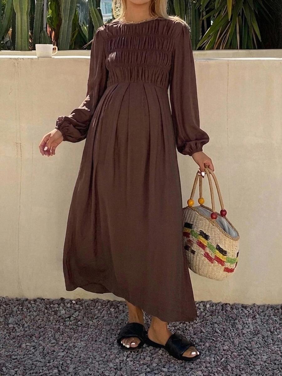 Dazy Maternity Solid Color Fitted Waist Ruched Pleated Long Sleeve Elegant Vacation Korean Style Autumn/Winter Maternity Dress - Brown - View 1