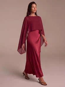 COSMINA Women's Solid Color High-Low Hem Top And Camisole Dress Elegant 2 Pieces Set Wedding Dinner Burgundy Red Autumn - Burgundy - View 2