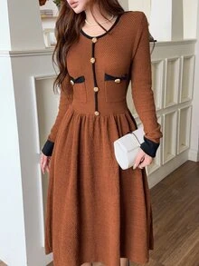 Feyla Women's Colorblock Round Neck Long Sleeve Button Design Elegant Knit Dress - Khaki - View 3