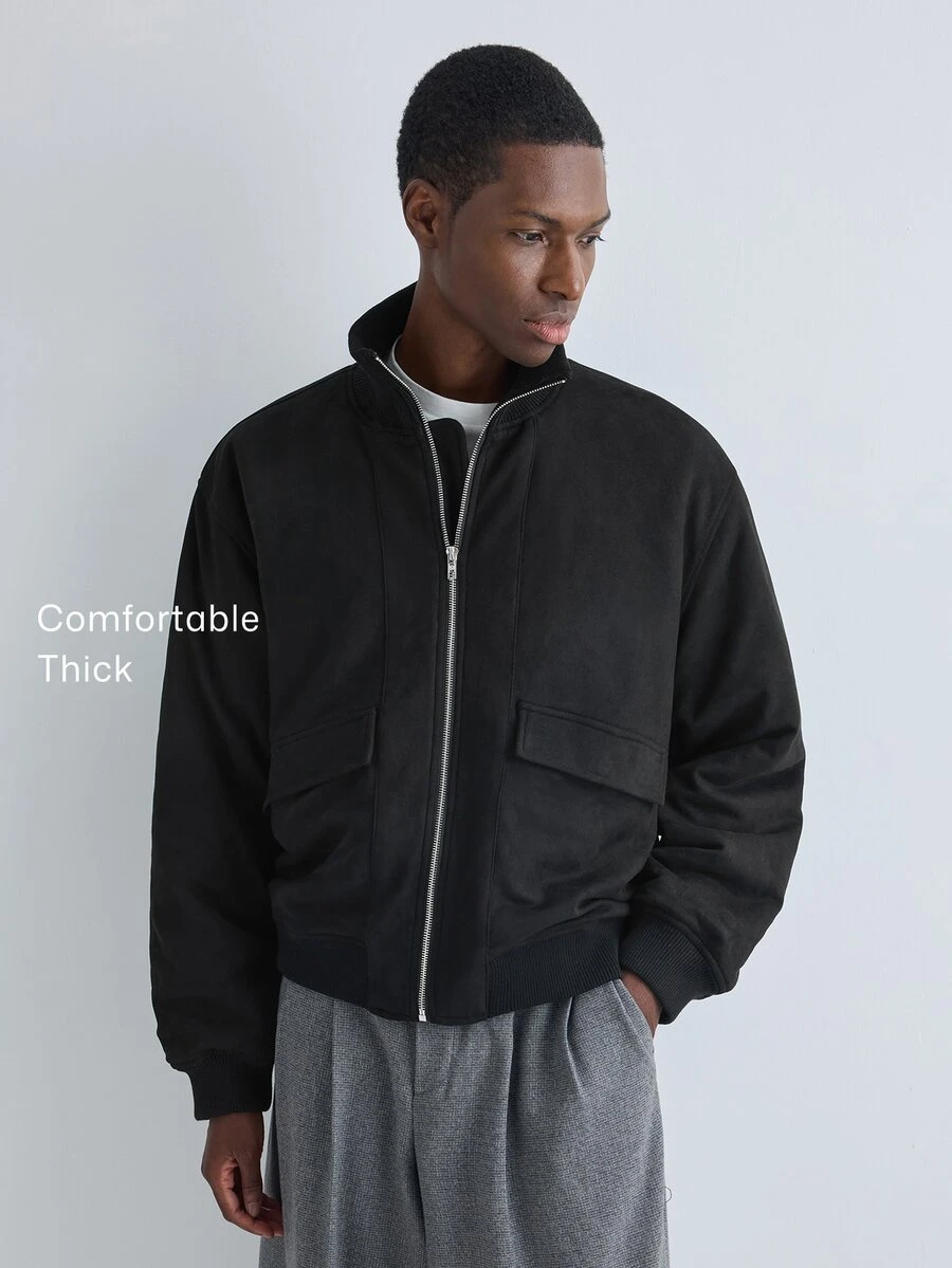 Merionis Men's Solid Color Utility Pocket Long Sleeve Zip-Up Casual Jacket - Black - View 1