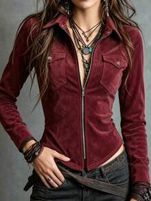 Glimmora Bohemian Western Style Burgundy Zipper Long Sleeve Vintage Shirt - Burgundy - View 4