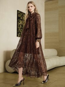 Arave Women's Dress Loose A-Line Lace Bow Tie Neck Lantern Sleeve See-Through Vintage Elegant Business Brown Floral Dresses For Women Thanksgiving - Brown - View 8