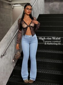 SHEIN Tall 女款休閒中腰牛仔緊身喇叭褲，附口袋 - 藍色 - 查看 3