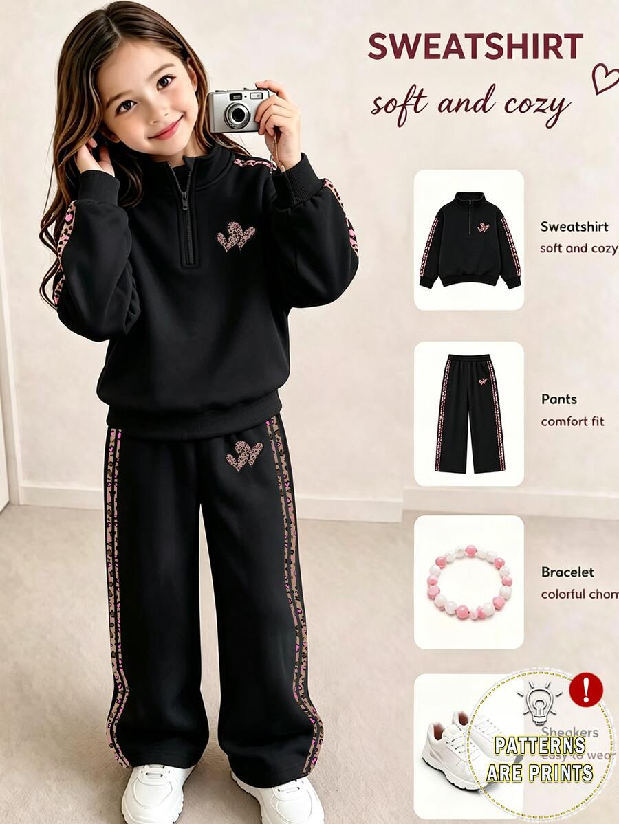 Girls' Half-Zip Stand Collar Sweatshirt Set, Cool Black Base Color With Leopard Print Heart Decor, Leopard Print Ribbon Splicing Design On Sleeves And Pants Sides. Half-Zip Top Paired With Matching Wide-Leg Long Pants, Sweet And Cool Style, Suitable For Daily School, Outings, And Versatile Autumn/Winter Two Pieces Set For Young Girl - Multicolor - View 1