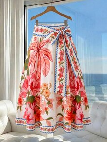 SHEIN Clasi Tropical Print Tie-Up A-Line Skirt, Suitable For Vacation, Comfortable To Wear - Multicolor - View 4
