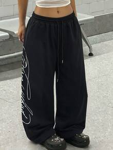 StreetHx Women's Letter Print Drawstring Waist Casual Wide Leg Pants - Black - View 3