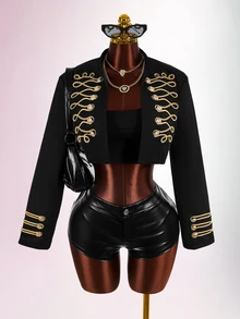 Amplova Women's Long Sleeve Casual Napoleon Cropped Jacket - Black - View 9