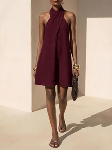 Zivah Women's Solid Color Criss-Cross Halter Neck Casual Mini Dress - Burgundy - View 4