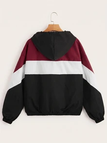 SHEIN EZwear 大尺碼女款拼色休閒賽車風連帽夾克，黑色，秋季日常穿搭 - 酒紅色 - 查看 2