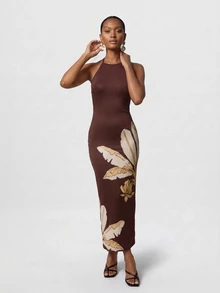CAJUNI Gaun Panjang Bordir Emas untuk Liburan yang Elegan - Coklat - View 4