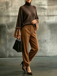 SHEIN Set 2 Potong Maillard: Atasan Rajut Leher Tinggi dengan Patchwork dan Ruffle Satin Cuff + Celana Jogger Corduroy Warna Caramel - Coklat - View 4