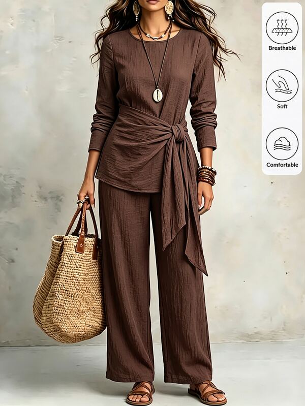 Zayélia Conjunto de 2 piezas para mujer en marrón oscuro, top de manga larga con cintura cruzada, pantalones de pierna ancha de cintura alta, tela de mezcla de lino sintético texturizado, conjunto casual holgado a juego