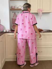 Slumberry CURVE Plus Size Women's Bowknot Pink Short Sleeve Single-Breasted Top And Pants Pajama Set Night Summer - Pink - View 2