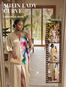 SHEIN Lady CURVE 大尺碼優雅花卉印花洋裝 - 卡其色 - 查看 6