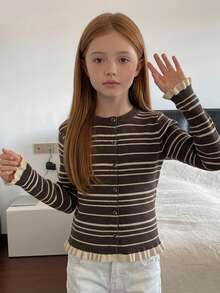 DAZY Tween Girls Striped Colorblock Frill Trim Basic Short Cardigan Sweater, Autumn/Winter - Brown - View 5