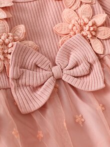 SHEIN 2件組新生女嬰公主風甜美粉色3D花朵蝴蝶結蕾絲網紗長袖派對禮服，秋冬生日洗禮棉質蓬蓬裙洋裝 - 藕粉色 - 查看 5